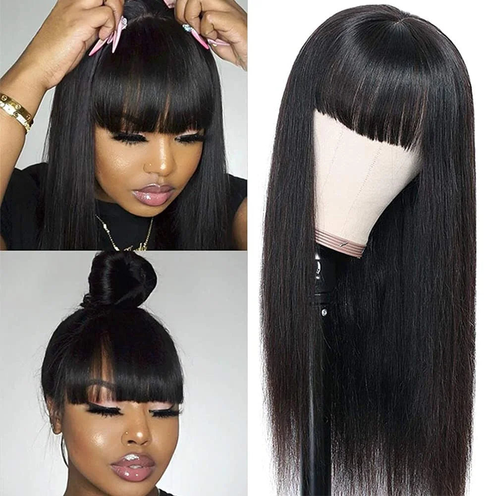 Silky Bone Straight Human Hair Wigs with Bangs None Lace Front Wigs for Women 180% Density Unprocessed Brazilian Virgin Human Hair Wigs Machine Made Glueless Wigs 18Inch