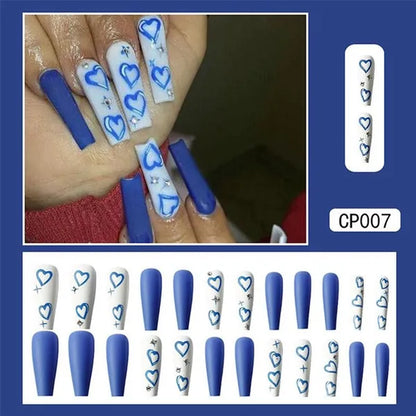 24Pcs Detachable Long Almond False Nails Stiletto Blue Pink Gradient with Rhinestone Fake Nails Manicure Nail Tips Press on Nail