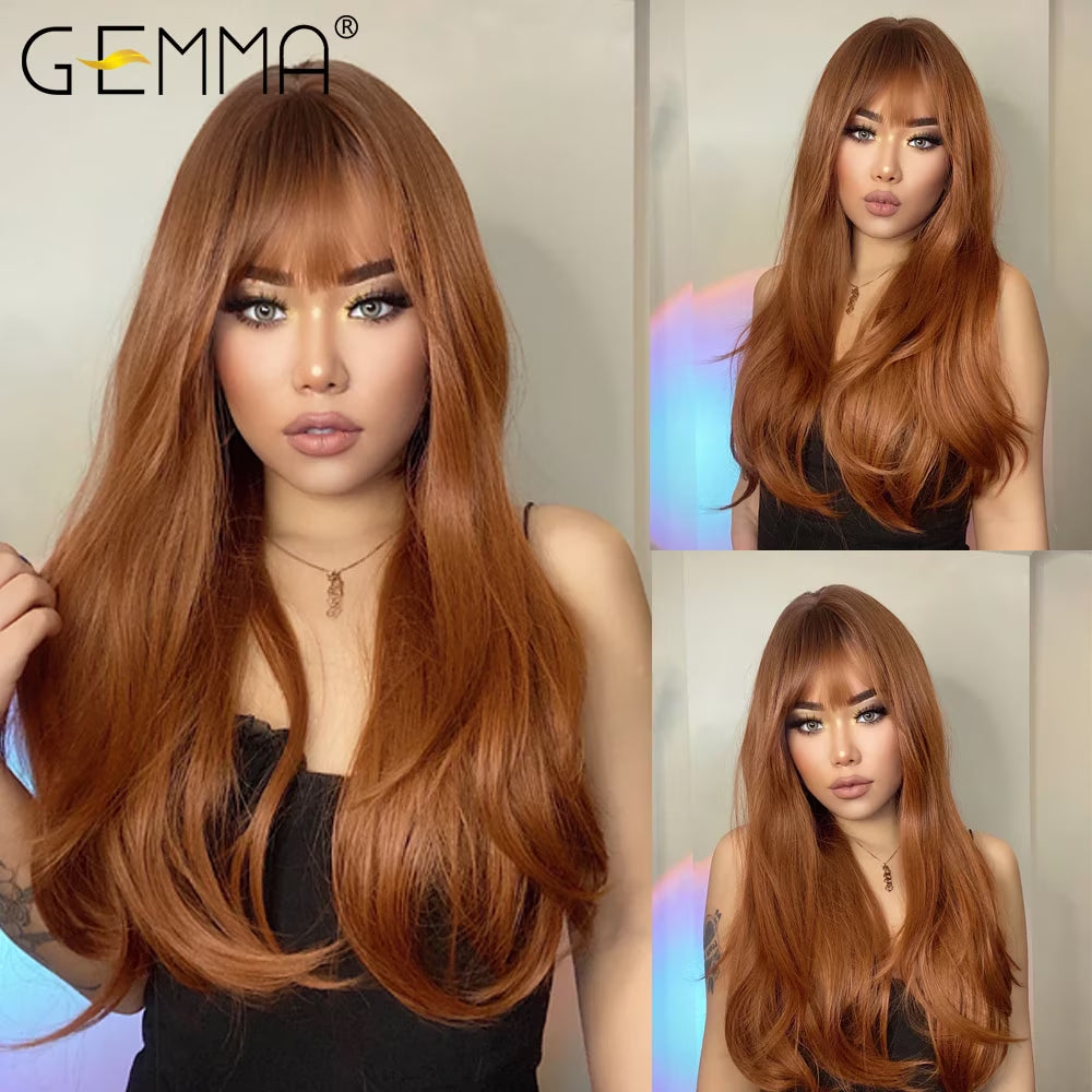 Red Brown Copper Ginger Long Straight Synthetic Wigs for Women Natural Wave Wigs with Bangs Heat Resistant Cosplay Hair