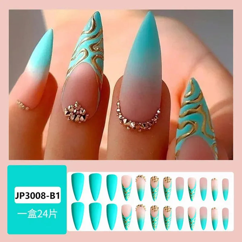 24Pcs Detachable Long Almond False Nails Stiletto Blue Pink Gradient with Rhinestone Fake Nails Manicure Nail Tips Press on Nail