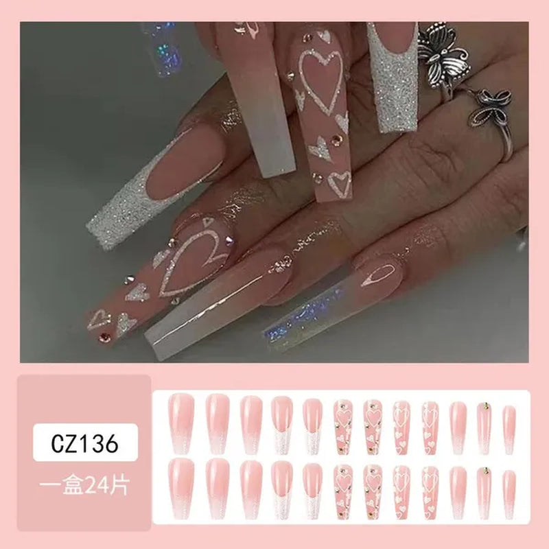 24Pcs Detachable Long Almond False Nails Stiletto Blue Pink Gradient with Rhinestone Fake Nails Manicure Nail Tips Press on Nail