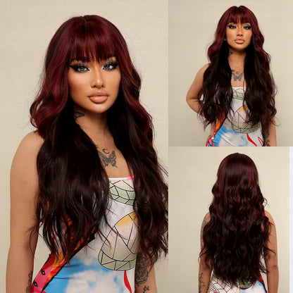 Wine Red Wigs for Women Long Burgundy Wavy Wigs with Bangs Cosplay Party Daily Wig Synthetic Fake Hair High Temperature Wig