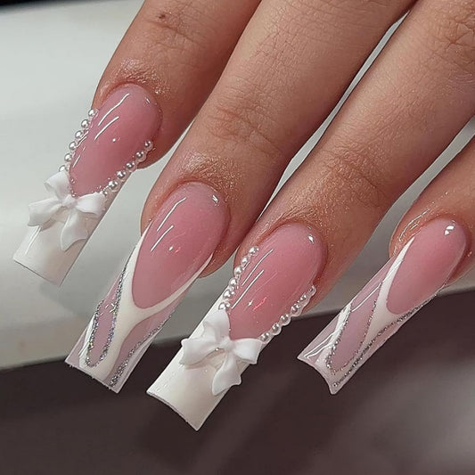 French Tip Press on Nails Long Square Fake Nails Glossy Coffin False Nails With