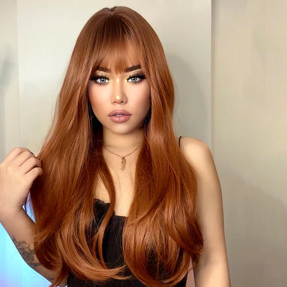 Red Brown Copper Ginger Long Straight Synthetic Wigs for Women Natural Wave Wigs with Bangs Heat Resistant Cosplay Hair