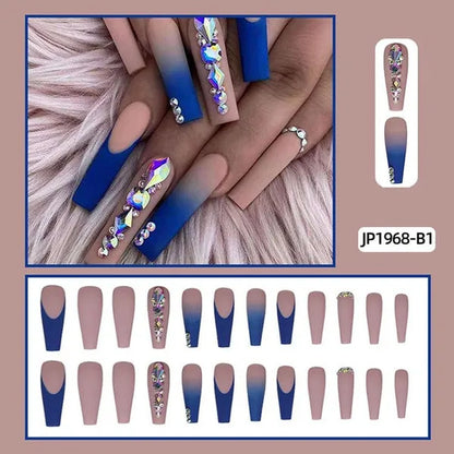 24Pcs Detachable Long Almond False Nails Stiletto Blue Pink Gradient with Rhinestone Fake Nails Manicure Nail Tips Press on Nail