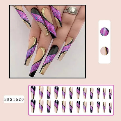 24Pcs Detachable Long Almond False Nails Stiletto Blue Pink Gradient with Rhinestone Fake Nails Manicure Nail Tips Press on Nail