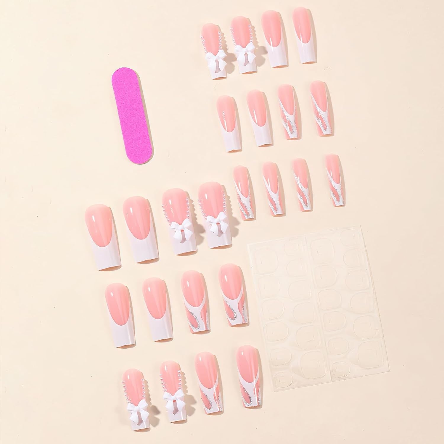 French Tip Press on Nails Long Square Fake Nails Glossy Coffin False Nails With