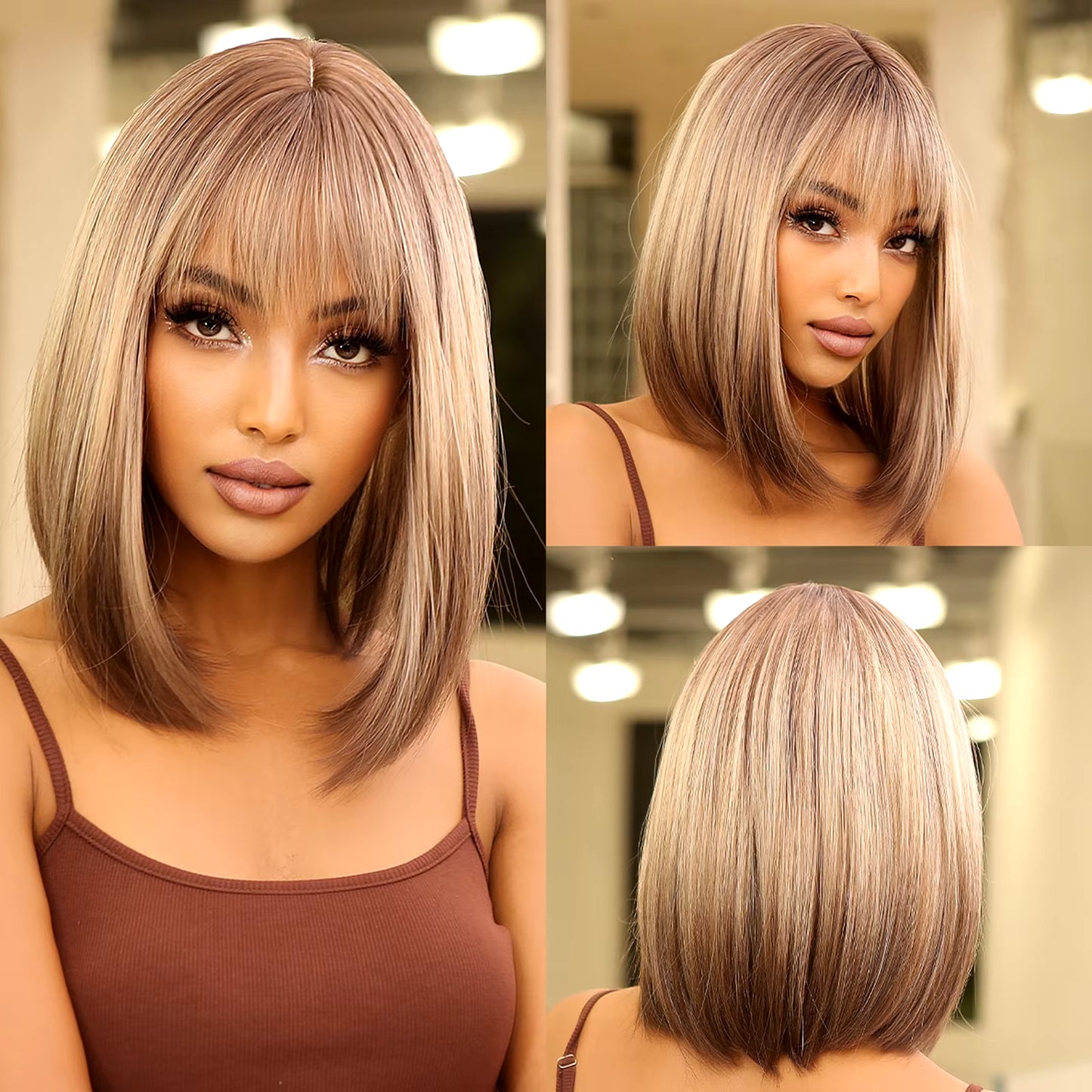 Red Brown Copper Ginger Long Straight Synthetic Wigs for Women Natural Wave Wigs with Bangs Heat Resistant Cosplay Hair