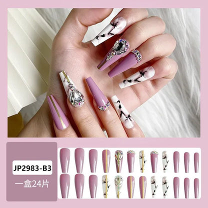 24Pcs Detachable Long Almond False Nails Stiletto Blue Pink Gradient with Rhinestone Fake Nails Manicure Nail Tips Press on Nail