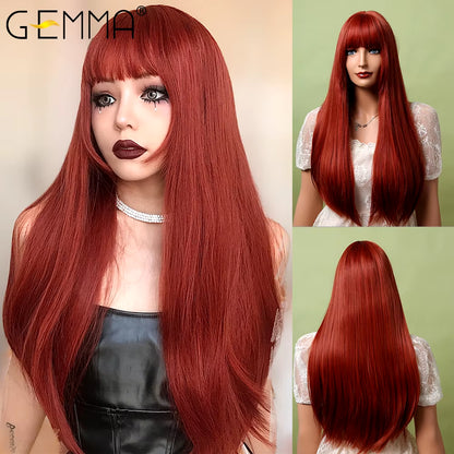 Red Brown Copper Ginger Long Straight Synthetic Wigs for Women Natural Wave Wigs with Bangs Heat Resistant Cosplay Hair