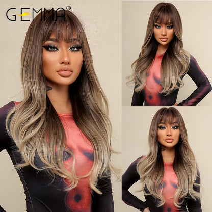 Red Brown Copper Ginger Long Straight Synthetic Wigs for Women Natural Wave Wigs with Bangs Heat Resistant Cosplay Hair