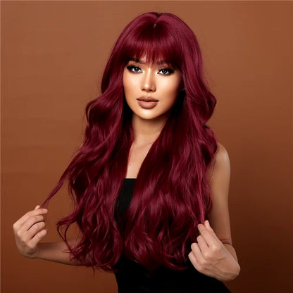 Wine Red Wigs for Women Long Burgundy Wavy Wigs with Bangs Cosplay Party Daily Wig Synthetic Fake Hair High Temperature Wig