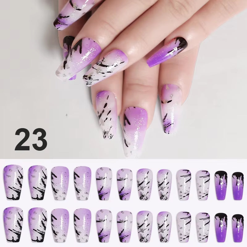 24Pcs Professional Fake Nails Long Natural Coffin False Nails Rainbow Ballerina DIY Nail Art Tips Artificial Nail Extention