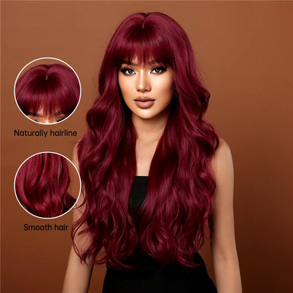 Wine Red Wigs for Women Long Burgundy Wavy Wigs with Bangs Cosplay Party Daily Wig Synthetic Fake Hair High Temperature Wig