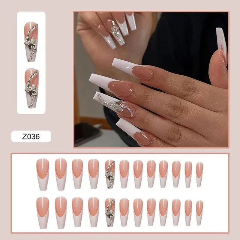 24Pcs Detachable Long Almond False Nails Stiletto Blue Pink Gradient with Rhinestone Fake Nails Manicure Nail Tips Press on Nail