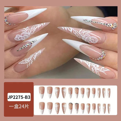 24Pcs Detachable Long Almond False Nails Stiletto Blue Pink Gradient with Rhinestone Fake Nails Manicure Nail Tips Press on Nail