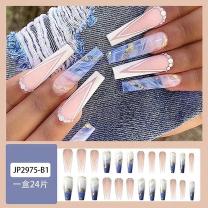 24Pcs Detachable Long Almond False Nails Stiletto Blue Pink Gradient with Rhinestone Fake Nails Manicure Nail Tips Press on Nail