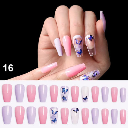 24Pcs Professional Fake Nails Long Natural Coffin False Nails Rainbow Ballerina DIY Nail Art Tips Artificial Nail Extention