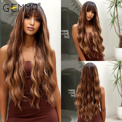 Red Brown Copper Ginger Long Straight Synthetic Wigs for Women Natural Wave Wigs with Bangs Heat Resistant Cosplay Hair