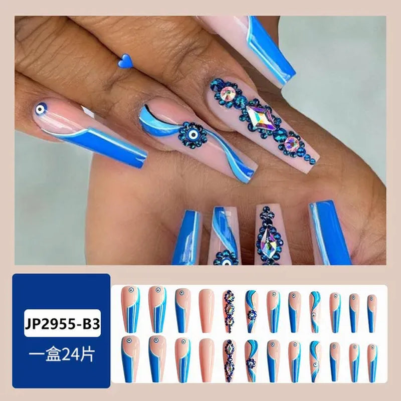 24Pcs Detachable Long Almond False Nails Stiletto Blue Pink Gradient with Rhinestone Fake Nails Manicure Nail Tips Press on Nail