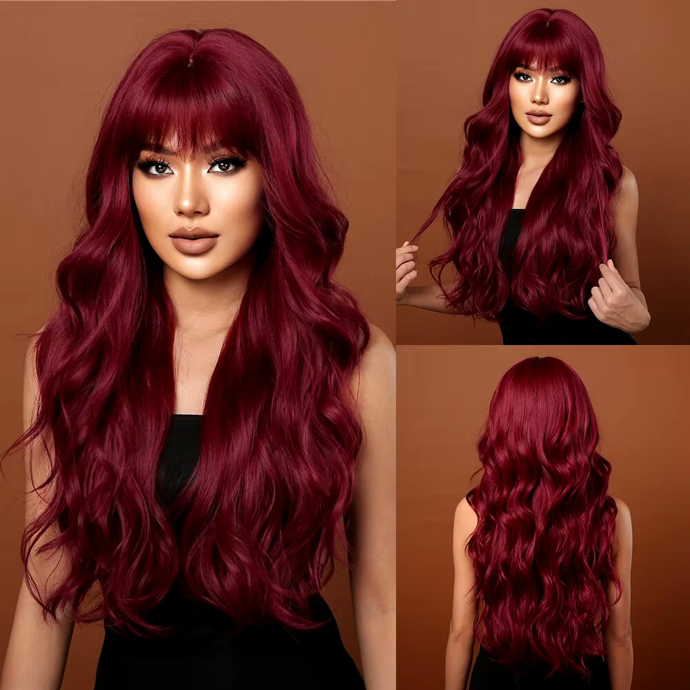 Wine Red Wigs for Women Long Burgundy Wavy Wigs with Bangs Cosplay Party Daily Wig Synthetic Fake Hair High Temperature Wig