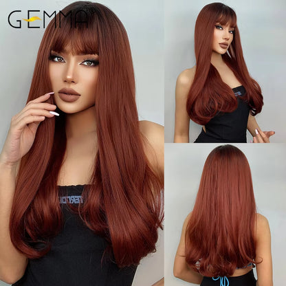 Red Brown Copper Ginger Long Straight Synthetic Wigs for Women Natural Wave Wigs with Bangs Heat Resistant Cosplay Hair