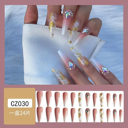 24Pcs Detachable Long Almond False Nails Stiletto Blue Pink Gradient with Rhinestone Fake Nails Manicure Nail Tips Press on Nail