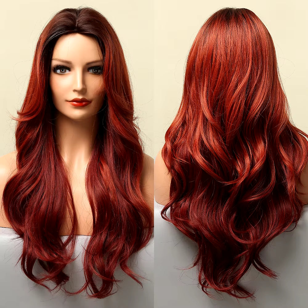 Red Brown Copper Ginger Long Straight Synthetic Wigs for Women Natural Wave Wigs with Bangs Heat Resistant Cosplay Hair