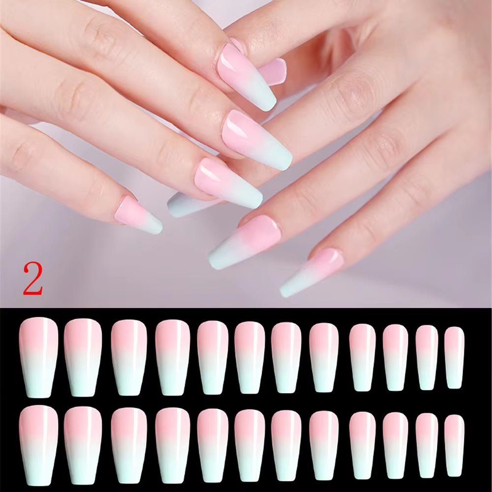 24Pcs Professional Fake Nails Long Natural Coffin False Nails Rainbow Ballerina DIY Nail Art Tips Artificial Nail Extention