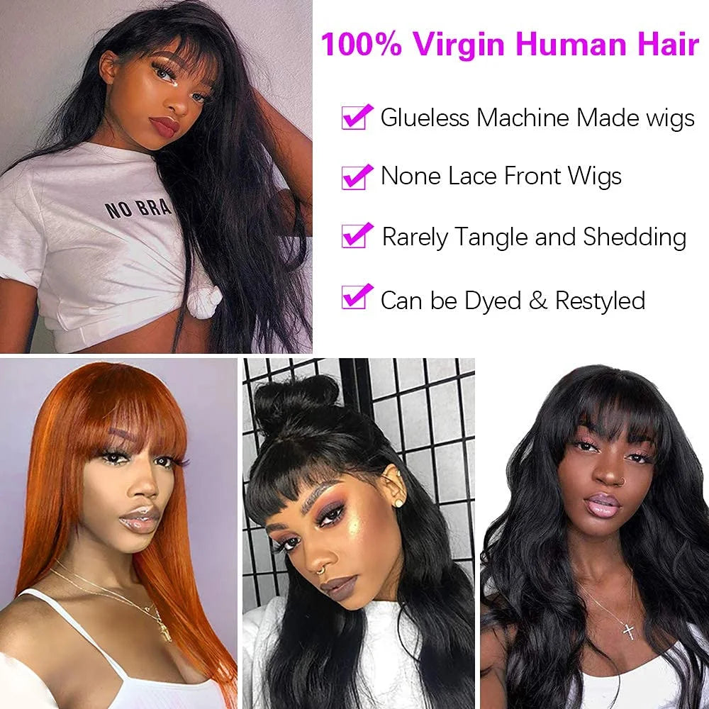 Silky Bone Straight Human Hair Wigs with Bangs None Lace Front Wigs for Women 180% Density Unprocessed Brazilian Virgin Human Hair Wigs Machine Made Glueless Wigs 18Inch