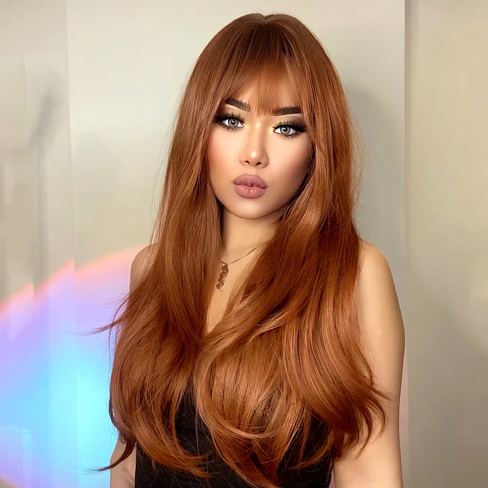 Red Brown Copper Ginger Long Straight Synthetic Wigs for Women Natural Wave Wigs with Bangs Heat Resistant Cosplay Hair