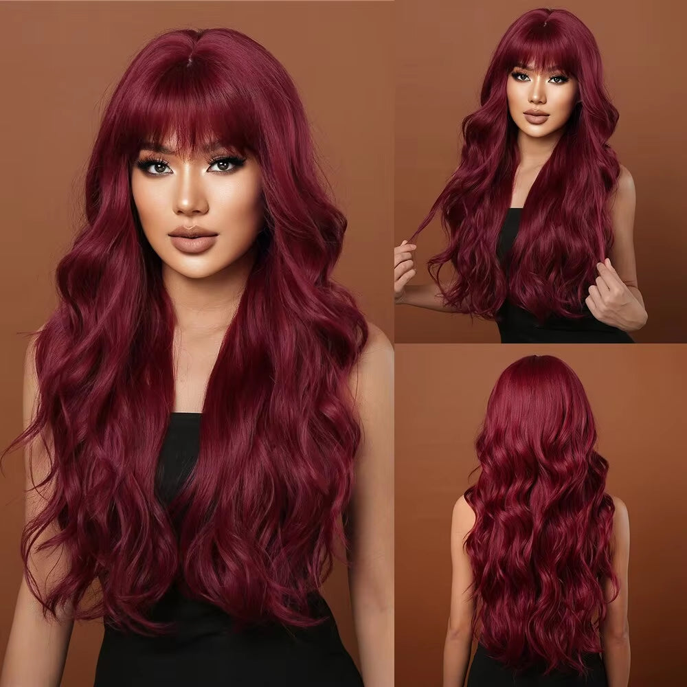 Wine Red Wigs for Women Long Burgundy Wavy Wigs with Bangs Cosplay Party Daily Wig Synthetic Fake Hair High Temperature Wig