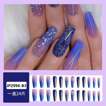 24Pcs Detachable Long Almond False Nails Stiletto Blue Pink Gradient with Rhinestone Fake Nails Manicure Nail Tips Press on Nail