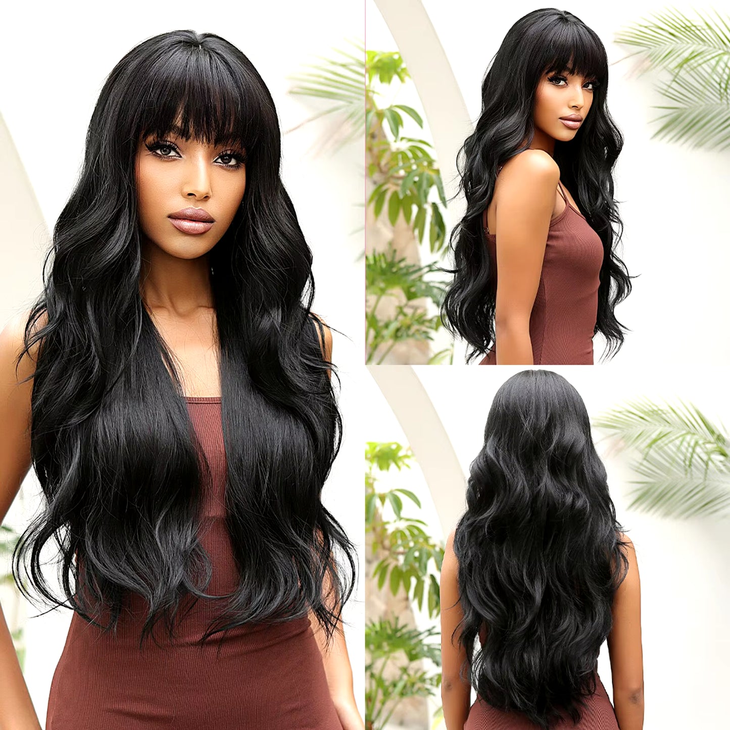 Wine Red Wigs for Women Long Burgundy Wavy Wigs with Bangs Cosplay Party Daily Wig Synthetic Fake Hair High Temperature Wig