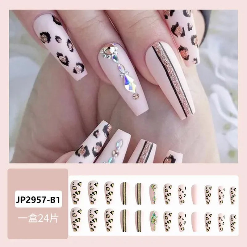 24Pcs Detachable Long Almond False Nails Stiletto Blue Pink Gradient with Rhinestone Fake Nails Manicure Nail Tips Press on Nail