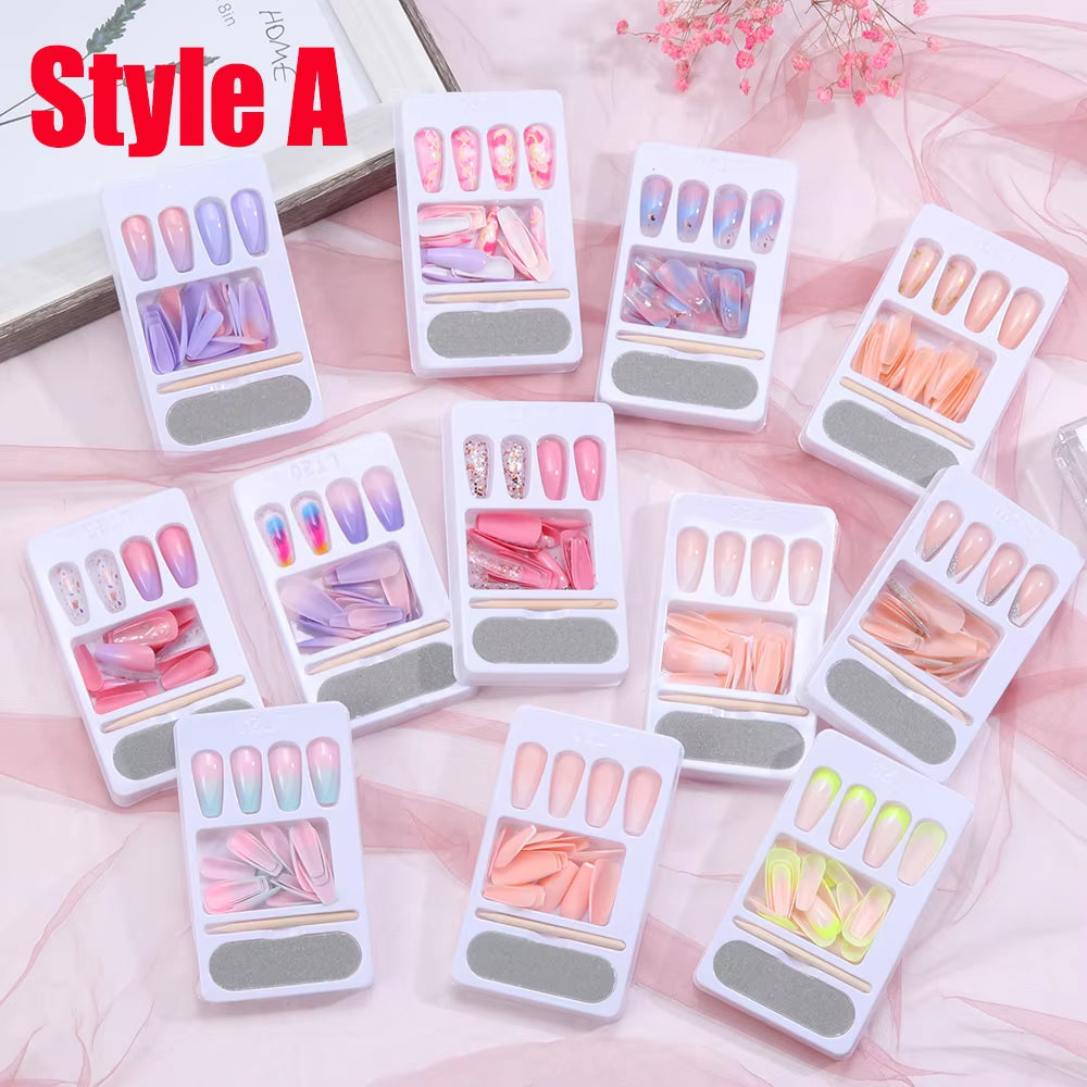 24Pcs Professional Fake Nails Long Natural Coffin False Nails Rainbow Ballerina DIY Nail Art Tips Artificial Nail Extention