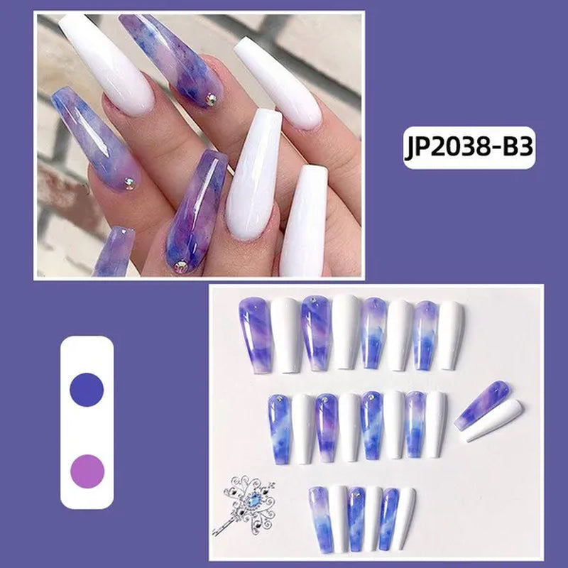 24Pcs Detachable Long Almond False Nails Stiletto Blue Pink Gradient with Rhinestone Fake Nails Manicure Nail Tips Press on Nail