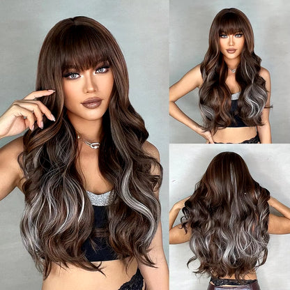 Wine Red Wigs for Women Long Burgundy Wavy Wigs with Bangs Cosplay Party Daily Wig Synthetic Fake Hair High Temperature Wig