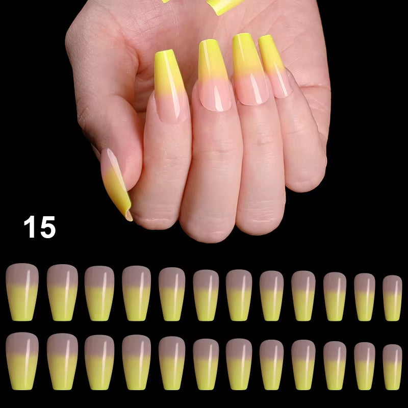 24Pcs Professional Fake Nails Long Natural Coffin False Nails Rainbow Ballerina DIY Nail Art Tips Artificial Nail Extention