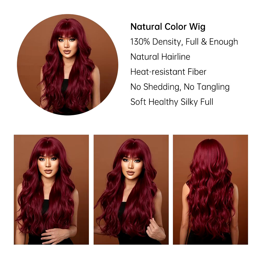 Wine Red Wigs for Women Long Burgundy Wavy Wigs with Bangs Cosplay Party Daily Wig Synthetic Fake Hair High Temperature Wig