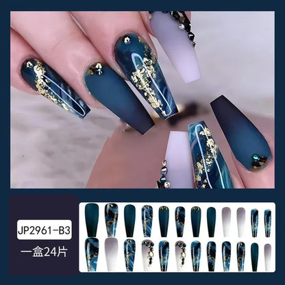 24Pcs Detachable Long Almond False Nails Stiletto Blue Pink Gradient with Rhinestone Fake Nails Manicure Nail Tips Press on Nail