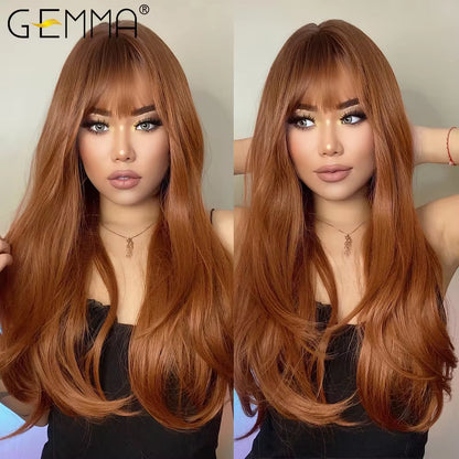 Red Brown Copper Ginger Long Straight Synthetic Wigs for Women Natural Wave Wigs with Bangs Heat Resistant Cosplay Hair