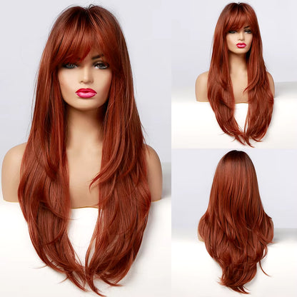 Red Brown Copper Ginger Long Straight Synthetic Wigs for Women Natural Wave Wigs with Bangs Heat Resistant Cosplay Hair