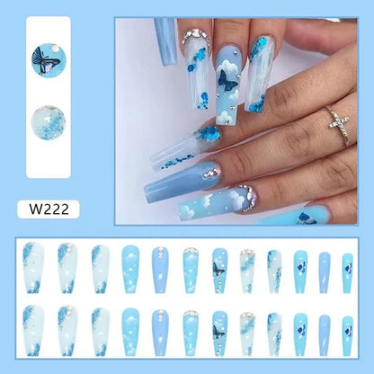 24Pcs Detachable Long Almond False Nails Stiletto Blue Pink Gradient with Rhinestone Fake Nails Manicure Nail Tips Press on Nail