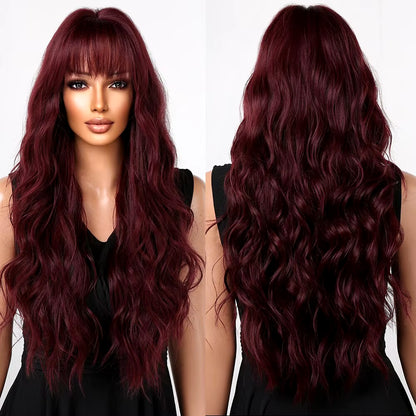 Wine Red Wigs for Women Long Burgundy Wavy Wigs with Bangs Cosplay Party Daily Wig Synthetic Fake Hair High Temperature Wig