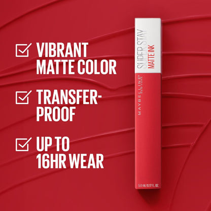 Super Stay Matte Ink Liquid Lipstick Makeup, Long Lasting High Impact Color, up to 16H Wear, Exhilarator, Ruby Red, 1 Count