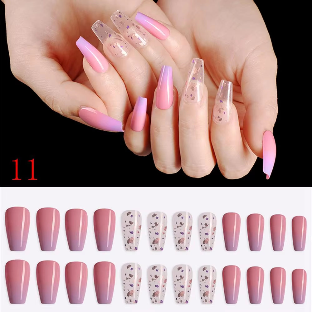 24Pcs Professional Fake Nails Long Natural Coffin False Nails Rainbow Ballerina DIY Nail Art Tips Artificial Nail Extention