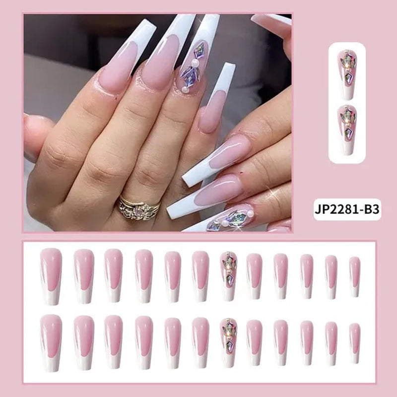 24Pcs Detachable Long Almond False Nails Stiletto Blue Pink Gradient with Rhinestone Fake Nails Manicure Nail Tips Press on Nail