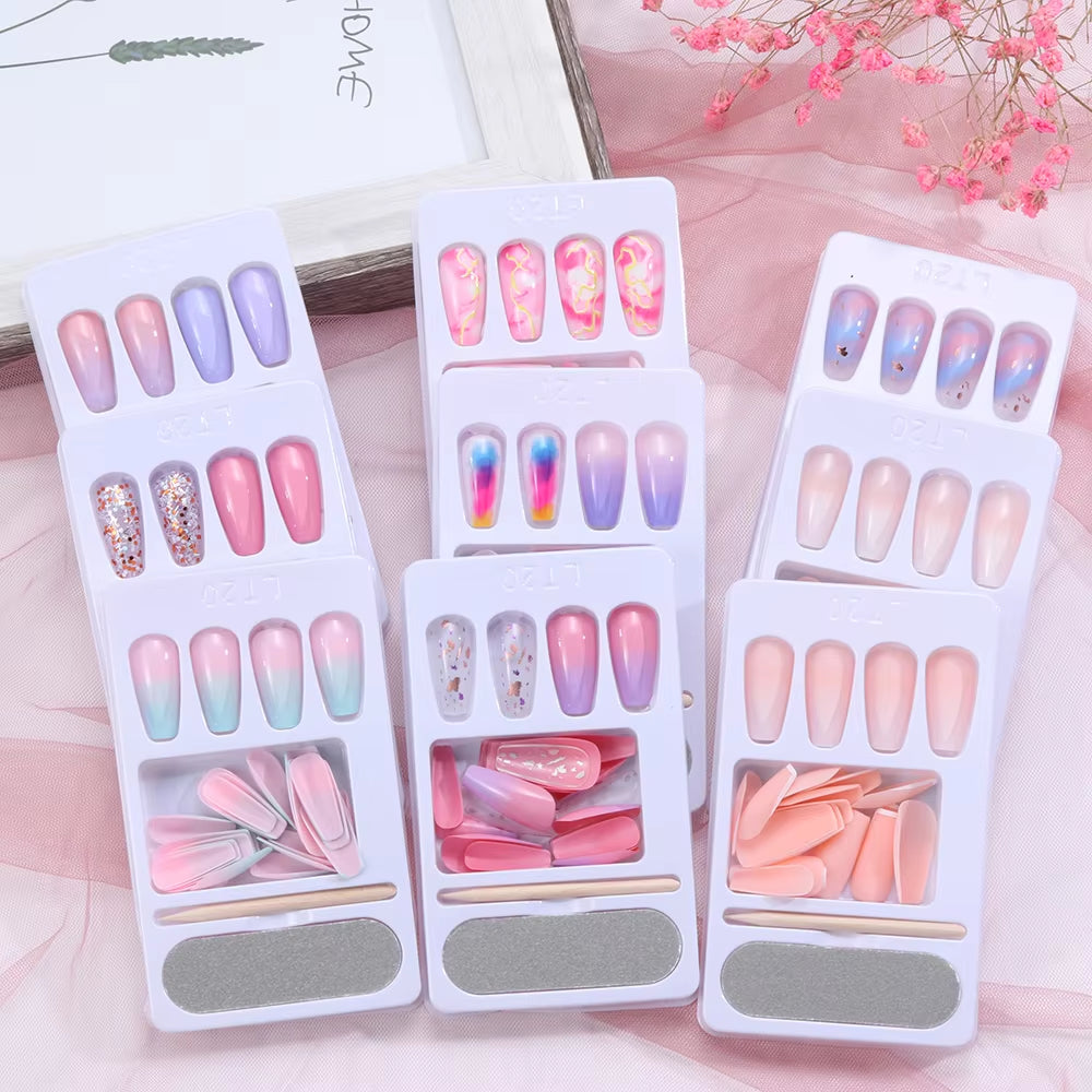 24Pcs Professional Fake Nails Long Natural Coffin False Nails Rainbow Ballerina DIY Nail Art Tips Artificial Nail Extention