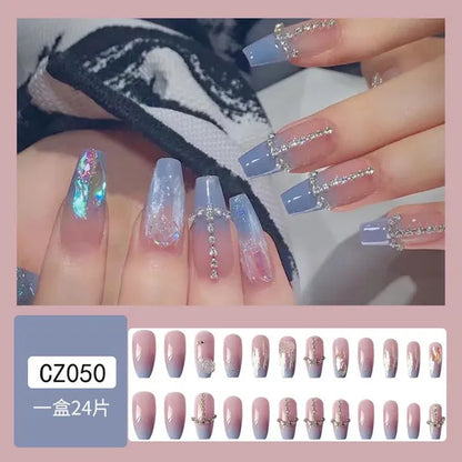 24Pcs Detachable Long Almond False Nails Stiletto Blue Pink Gradient with Rhinestone Fake Nails Manicure Nail Tips Press on Nail